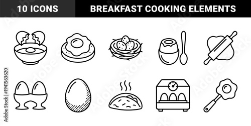 Breakfast preparation and poultry farming outline elements. Minimalist monoline pictograms featuring boiled eggs, frying pans, nests, and incubation equipment.