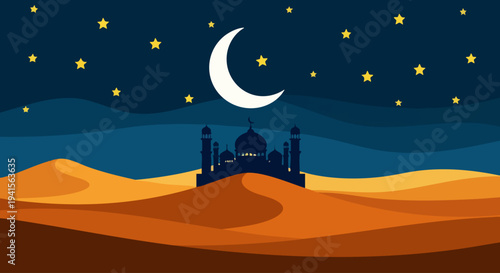 Mosque silhouette under crescent moon and starry night sky.