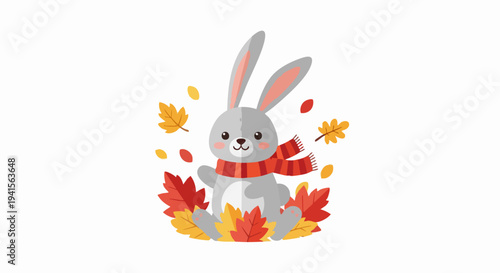 Cute gray cartoon rabbit wearing a scarf in autumn leaves.