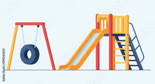 Childrens playground equipment with slide and tire swing.