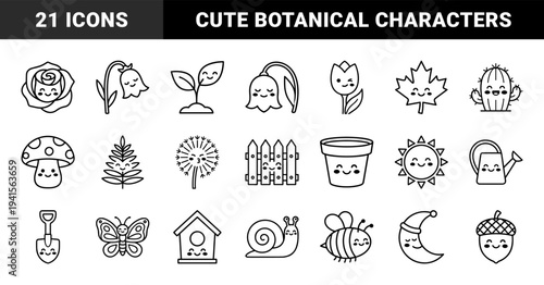 Kawaii garden nature characters in chunky monoline aesthetic. Cute botanical elements and backyard tools featuring smiling faces and playful thick outlines.