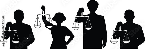 Legal justice concept of diverse people holding scales of justice on transparent background