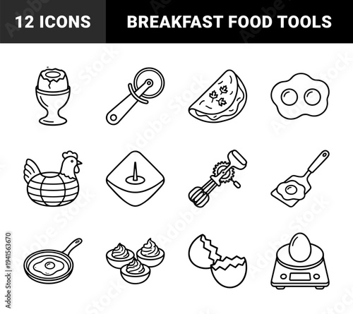 Egg preparation and breakfast culinary elements featuring cooking tools and egg-based dishes. Minimalist monoline black and white line art illustrations.