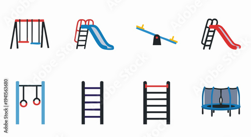 Playground equipment collection for childrens outdoor activities and fun.