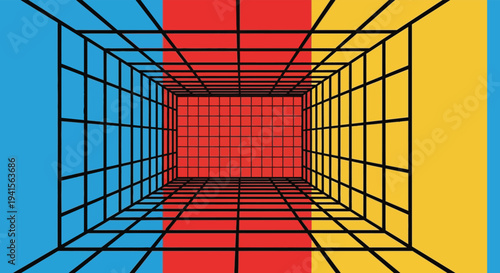 A vibrant geometric corridor with a bold color scheme and intersecting lines creates a striking visual silhouette high quality professional detailed