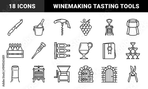 Wine production and sommelier equipment in minimalist monoline style. Technical line art featuring viticulture tools, cellar storage, and tasting accessories.