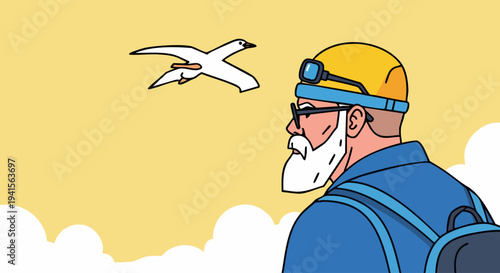 Man with Headlamp and Backpack Gazing at Seagull.