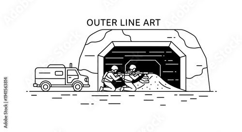 Military operation at bunker entrance with soldiers and vehicle, outline art
