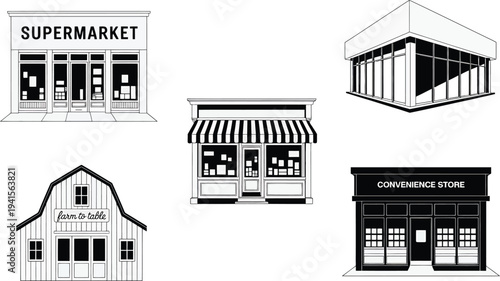 Set of black and white cartoon store buildings, supermarket, convenience and farm shops