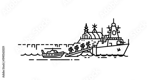 Military Operation: Soldiers Boarding Ship from Helicopter and Boat