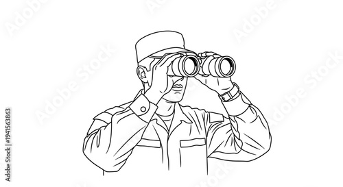 Military Soldier in Uniform Looking Through Binoculars, Surveillance and Reconnaissance