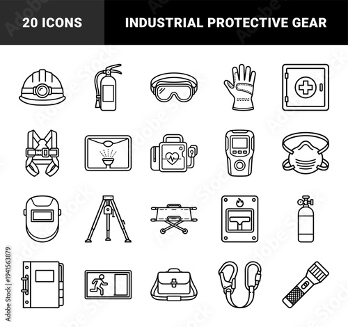 Industrial safety and emergency response equipment symbols. Monoline technical pictograms featuring protective gear, rescue tools, and workplace hazard prevention.