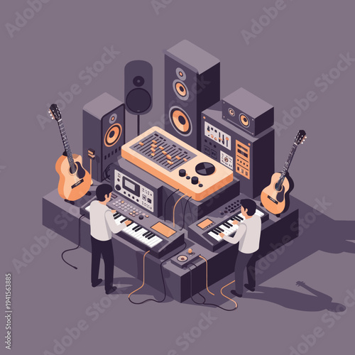 Music Production Studio Setup with Synthesizers and Guitars.