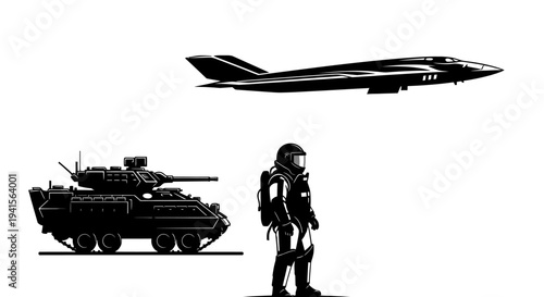 Military Vehicle, Soldier, and Jet Fighter Silhouette - Comparison of Forces