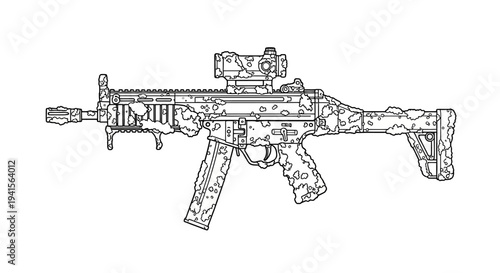 Modern Assault Rifle with Optical Sight, Tactical Weapon Line Art Illustration