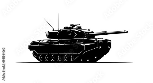 Modern Military Tank Silhouette, Black and White, Side View, Combat Vehicle Illustration