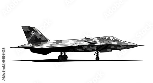 Modern Stealth Fighter Jet with Camouflage Livery, Side View, Military Aircraft