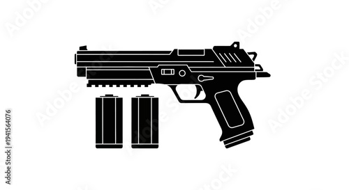 Modern Pistol with Two Magazines, Black Silhouette Icon, Vector Illustration