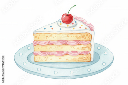 cute watercolor slice of layered cake with pink cream and cherry on top, sweet dessert illustration on plate, pastel bakery treat isolated on white background