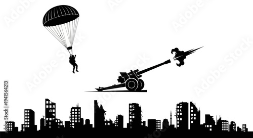 Paratrooper Descends Over Destroyed Cityscape with Firing Cannon