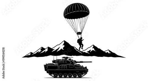 Paratrooper Descends Over Mountain Range with Tank Below, Military Airborne Operation