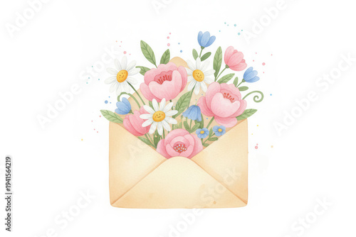 Watercolor envelope filled with blooming spring flowers, romantic pastel floral arrangement with peonies and daisies, cute hand painted illustration isolated on white background