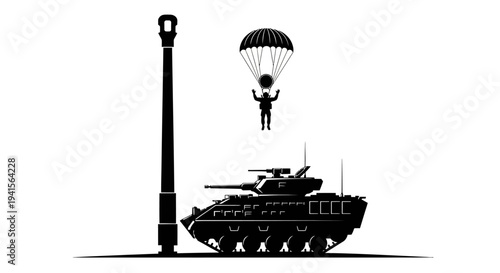 Paratrooper Descends Towards Armored Tank Silhouette, Military Airborne Operation Concept