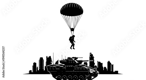 Paratrooper Descends Towards Armored Vehicle in Urban Silhouette