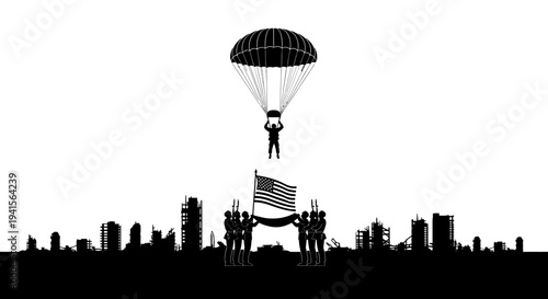Paratrooper Descends on City Skyline with American Flag