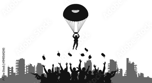 Paratrooper Drops Aid to Destitute Crowd Amidst War-Torn City Ruins