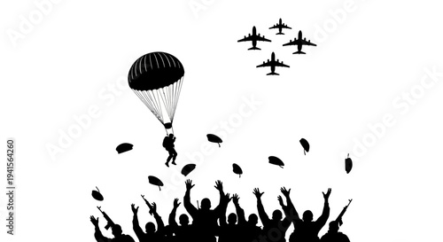 Paratrooper Jumps from Plane with Crowd Cheering Below