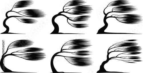 Silhouette of trees bending in strong wind, multiple variations for animation or design