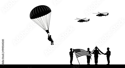 Paratrooper Descends Towards Soldiers Holding American Flag with Helicopters Flying