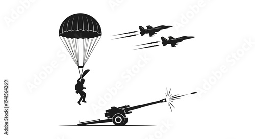 Paratrooper Jumps Near Firing Cannon and Fighter Jets in Combat Scene