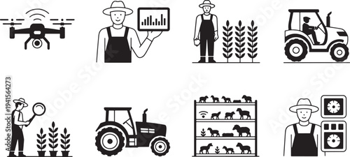 Smart farming concept icons, modern agriculture, farmer, drone, tractor, sheep, agricultural technology