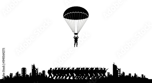 Paratrooper landing in war-torn city with soldiers marching below
