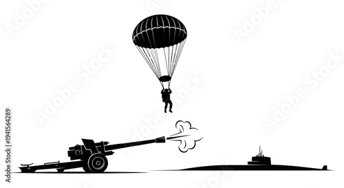 Paratrooper Jumps Over Firing Cannon and Submarine Silhouette