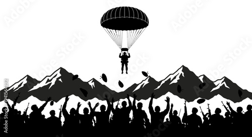 Paratrooper Landing on Mountain Peak with Cheering Crowd Below
