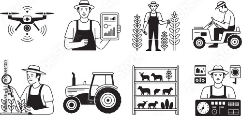 Smart farming line icons, modern agriculture, farmer with drone, analyzing plants, tractor, sheep farming