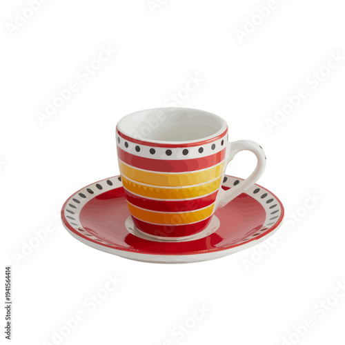 Colorful ceramic tea cup and saucer with red yellow stripes and black dots