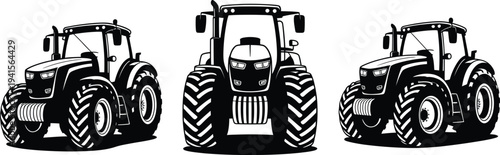 Three tractors in black silhouette, front and side views, isolated on transparent background