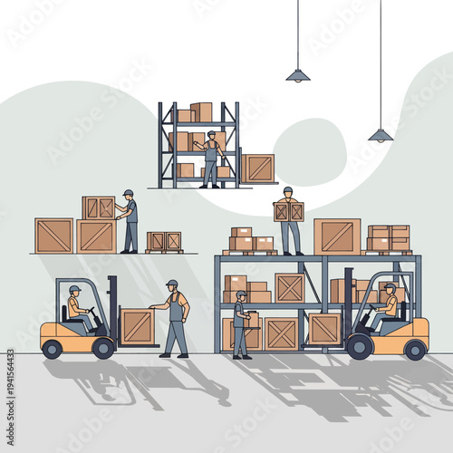 Warehouse workers managing inventory with forklifts and shelves.