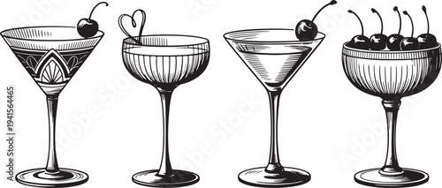 Vintage cocktail glasses with cherries and garnishes isolated on transparent background, elegant serving ware