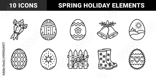 Easter holiday celebration ornaments and spring seasonal elements. Minimalist monoline bold stroke coloring book style featuring decorated eggs, garden boots, and festive bells.