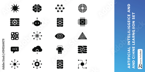 Artificial intelligence and machine learning solid vector icon set for technology, data science, and innovation concepts