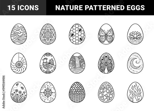 Easter egg coloring page templates with nature and geometric motifs. Hand-drawn monoline line art featuring butterfly, waves, beehive, and floral patterns.
