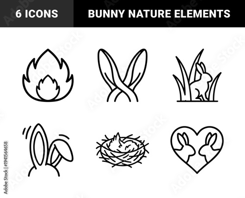 Rabbit life cycle and behavioral monoline pictograms for nature education. Minimalist black line art featuring bunny nest, ears, and habitat elements.