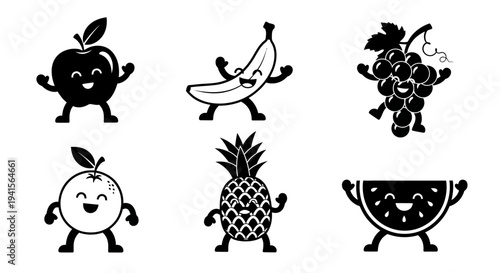 Cute cartoon fruits with faces and arms, happy characters for kids