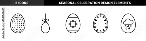 Easter egg ornaments and seasonal celebration symbols for spring holiday branding. Minimalist monoline graphic elements featuring decorative patterns and weather motifs for festive design projects.