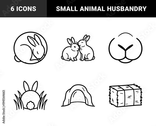 Rabbit care and lagomorph behavior line art for pet ownership guides. Minimalist monoline illustrations featuring burrowing, hutch bedding, and grooming habits.